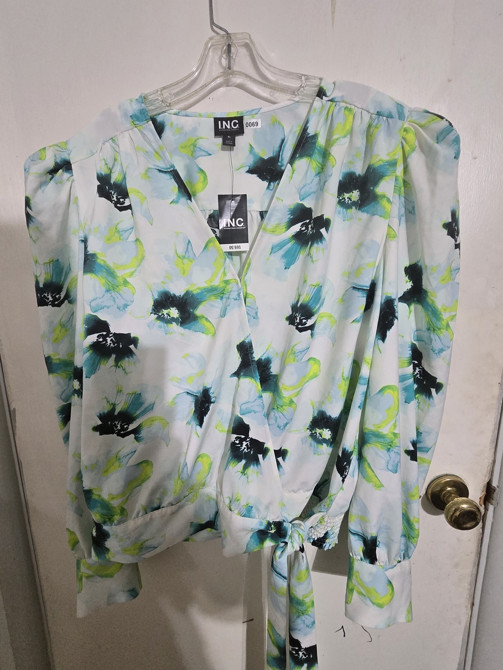 INC International Concepts Women's Floral Wrap Blouse in Mint Multi
